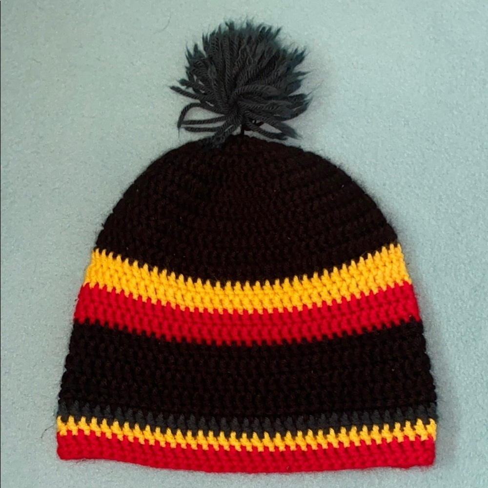 CROCHETED striped pom pom beanie hat red yellow green black unisex size OSFA